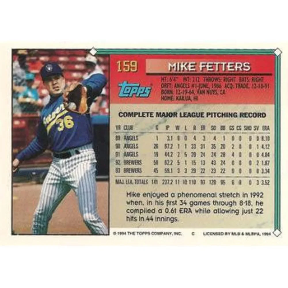 1994 Topps Mike Fetters # 159 Milwaukee Brewers